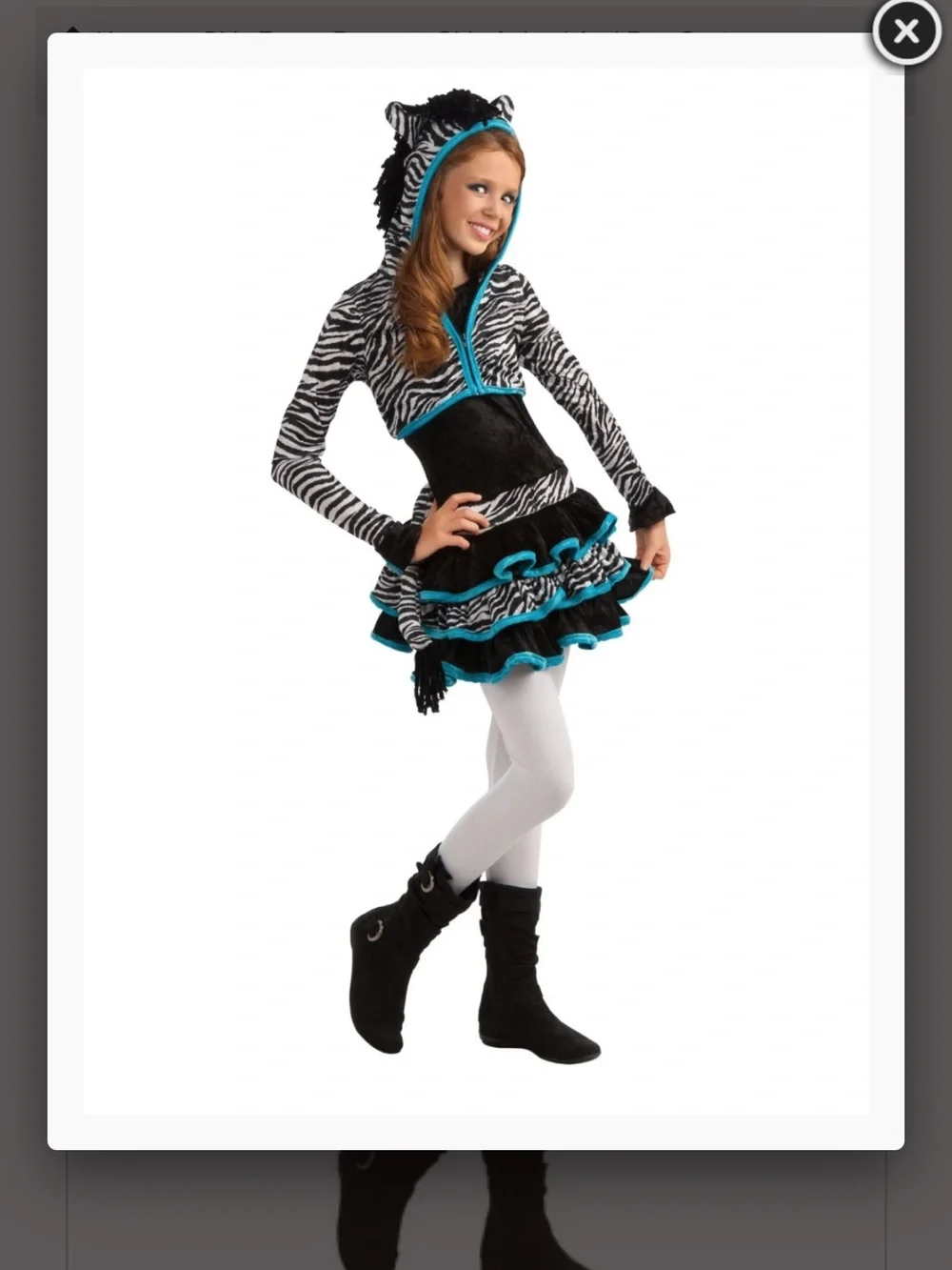 Rubie's Zebra Tween Hooded Costume Sz. Large with Teal Trim - Black White Teal